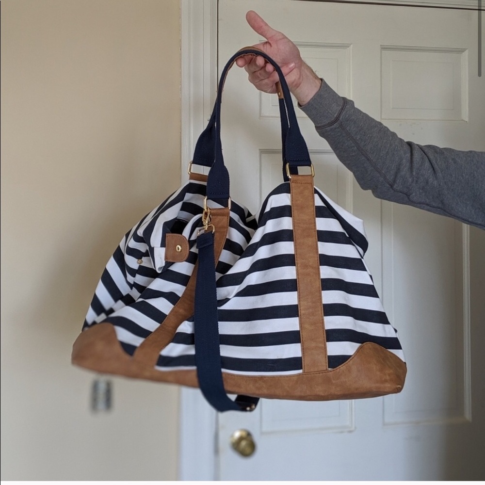 Blue and white striped Merona weekender bag
